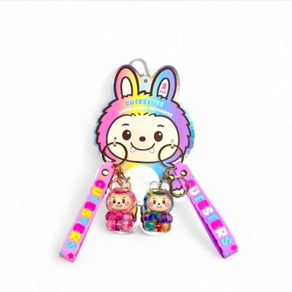 Cutesters Keychains Liquid Shaky Pink Purple Rainbow Monster Bunny Set 2pc New